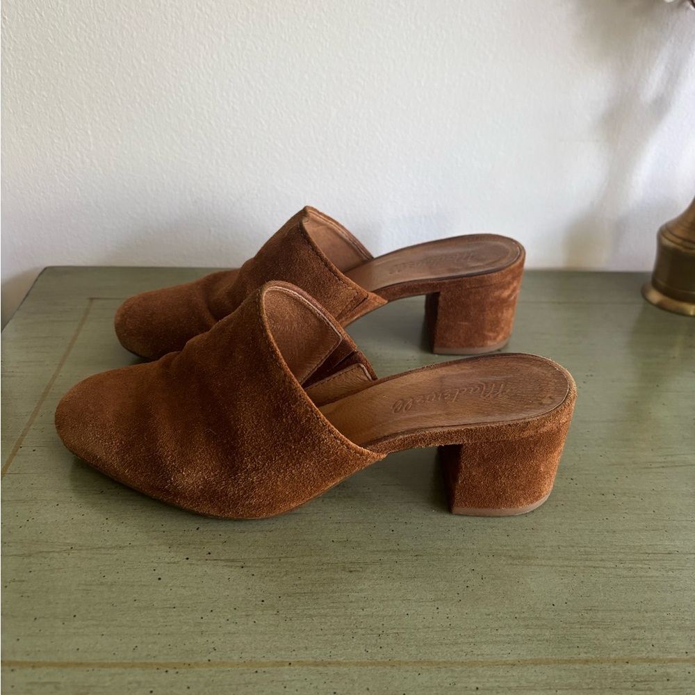 Madewell Suede Mule Heels in Cognac Brown - Women's Slip-On Block Heel - Picture 3 of 7